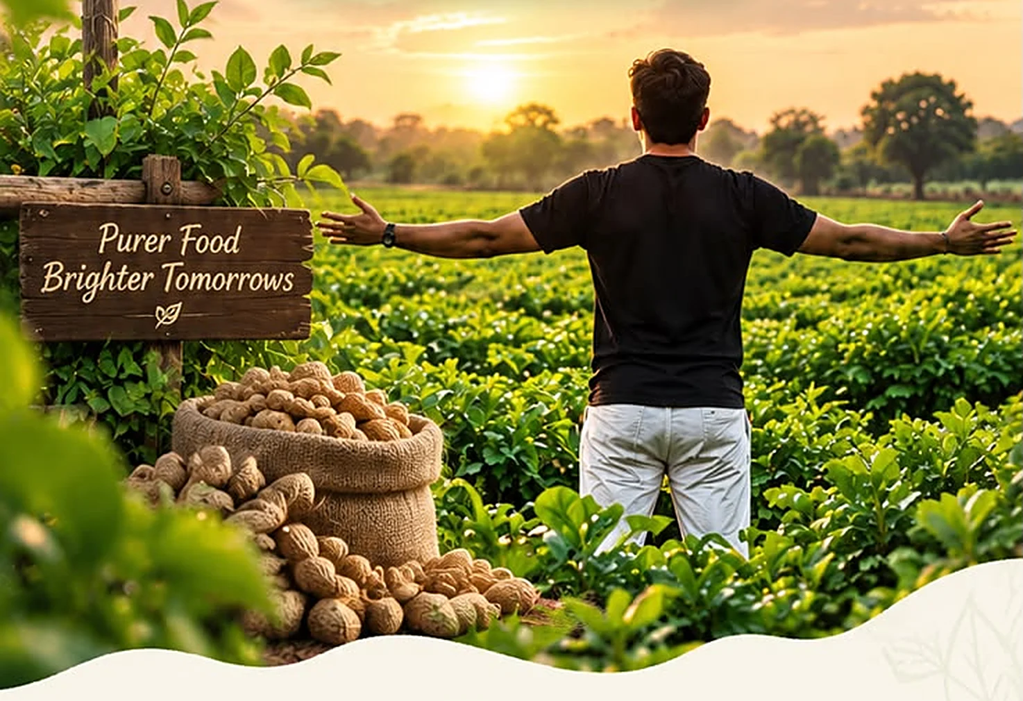 Farmer with open arms in a green field at sunrise, beside a sack of groundnuts and a sign reading Purer Food, Brighter Tomorrows