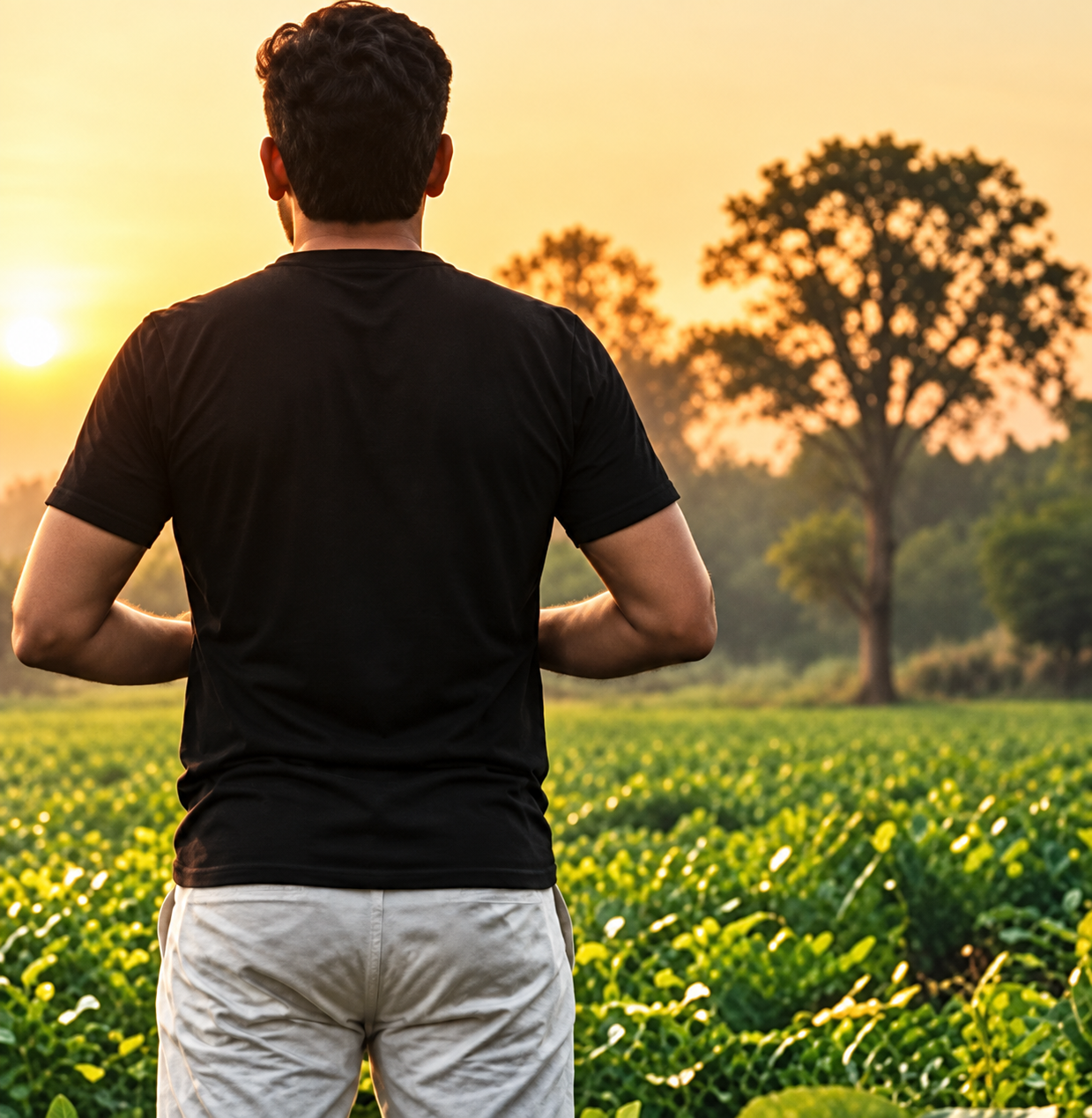 Man looking over his farm at sunset